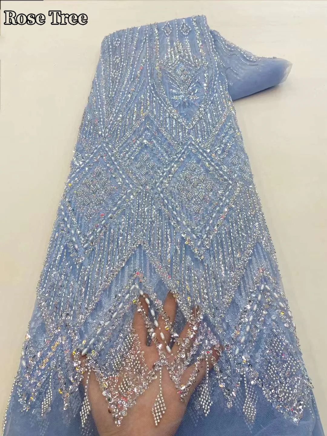 

Небесно-голубая кружевная ткань ручной работы с бисером, французская кружевная ткань с блестками для свадебного платья, новейшая вышивка в Нигерию