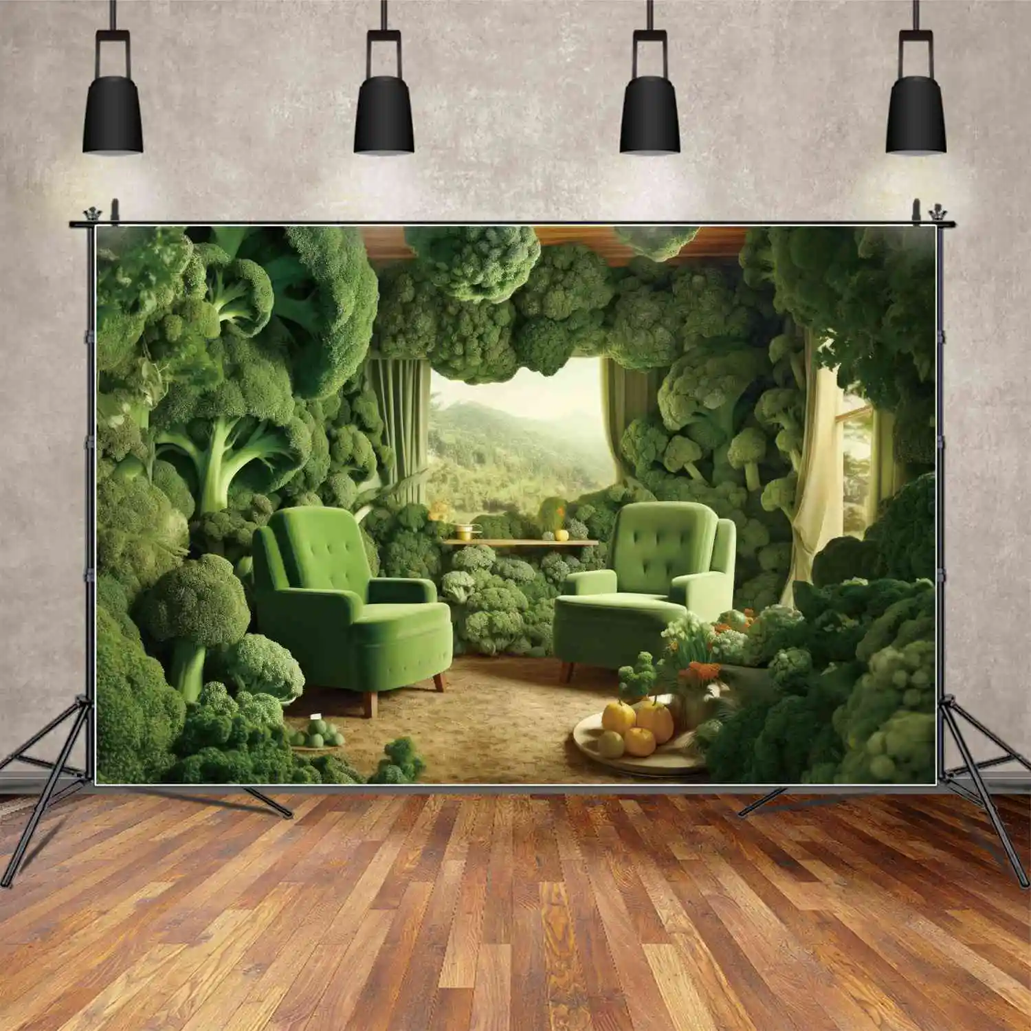 

MOON.QG Backdrop Greenery Farm Cabin Living Room Photography Background Children Photo Booth Green Curtain Broccoli Decorations
