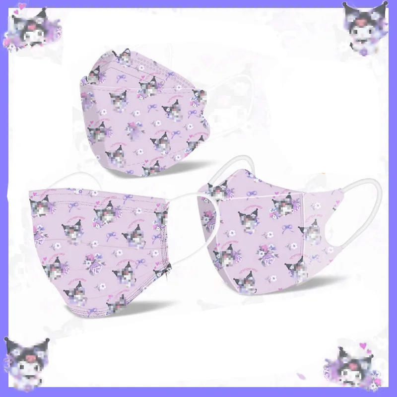 

50Pcs Kawaii Anime Kuromi Sanrio Print Mask Disposable Protective 3 Layers Face Mask Cartoon Dust Mask Boy Girl Gift No Box