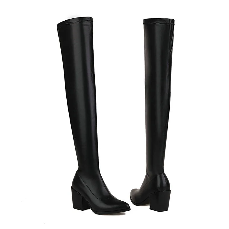 2022 Women Over the Knee Boots Fashion Pointed Toe Square High Heel Ladies Thigh Boots PU Leather Side Zipper Party Women's Boot