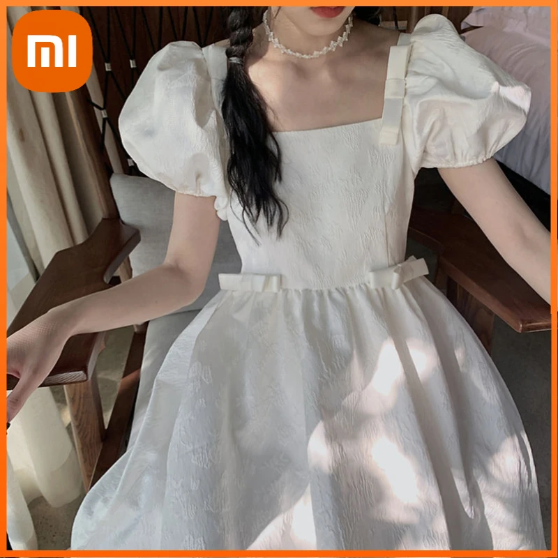 

Xiaomi White Elegant Princess Dress Women Bow Kawaii Sweet Party Dress Female Japanese Fairy Cute Puff Sleeve Dress Summer