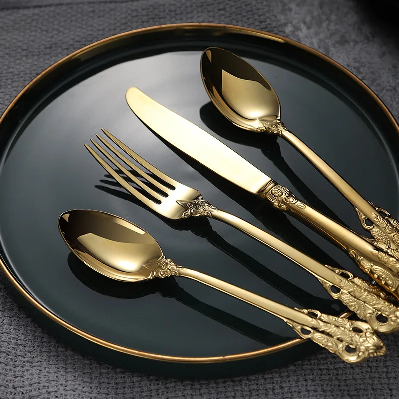 

Thickened 304 Embossed Palace Western Tableware Gold-plated Steak Knife Fork Spoon Retro Tableware Dinner Set Tableware