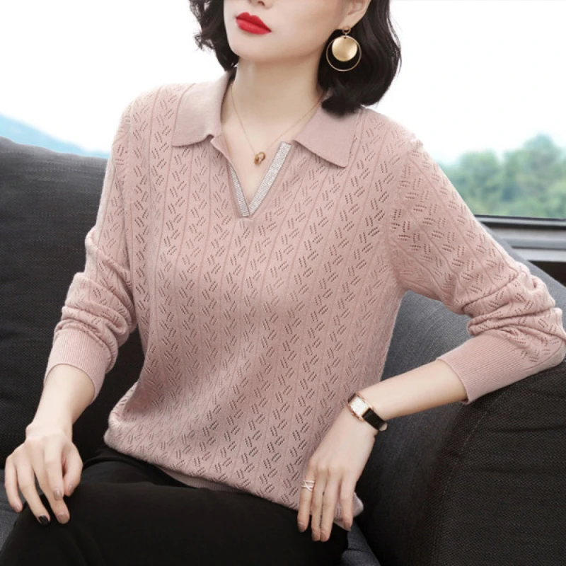 

Knitted Women Sweaters Vintage Solid Turn-down Neck Long Sleeve Sweater Lightweight Pullover Knitwear Casual Mom's Bottoming Top