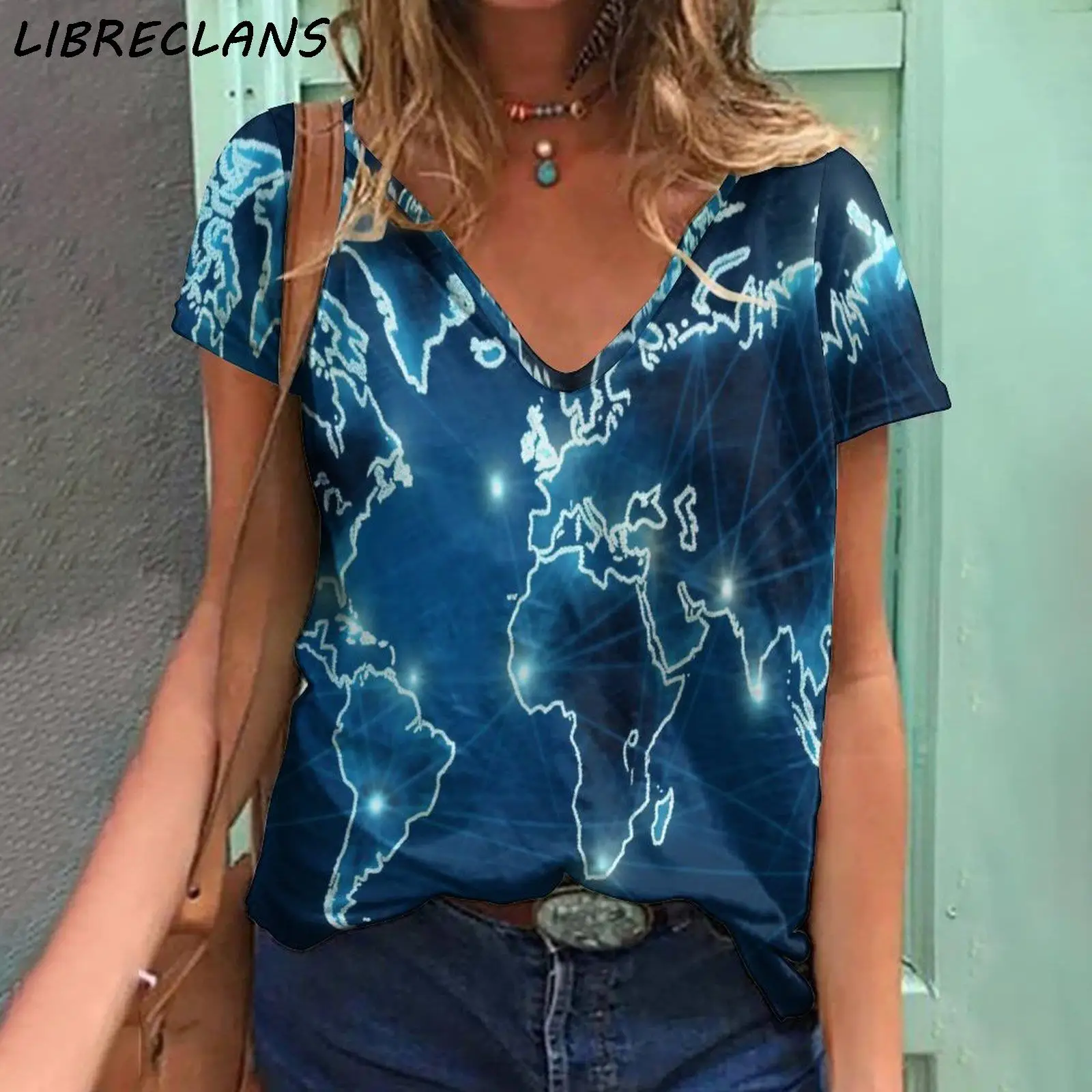 

LIBRECLANS 2023 New T -shirt Graphics Printed T -shirt Women V -neck Short -sleeved Clothing Shirt Sports Top