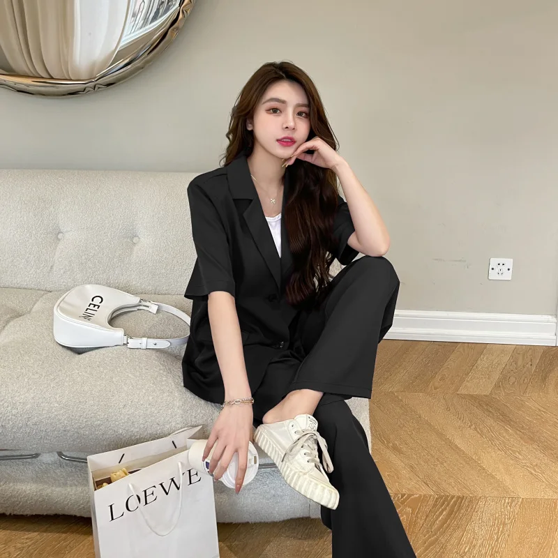 Summer Casual Women's Short-sleeved Blazer & Wide Leg Pants Women's Office Women's Suit Korean Version 2 Piece Sets Women Outfit