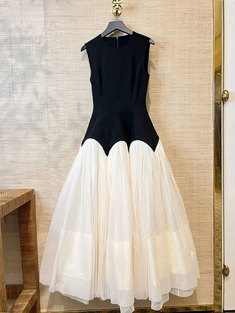 

Elegant Mesh Patchwork Dress For Women Color Block Vintage Sleeveless O-Neck A Line Women Summer New in Evening Prom Vestidos