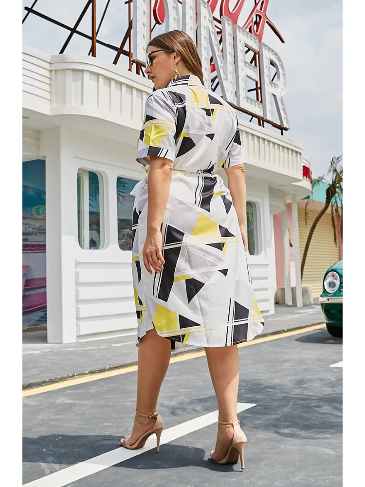 Short-sleeved plus-size women shirt skirt summer printed casual lace-up dress plus size feminino