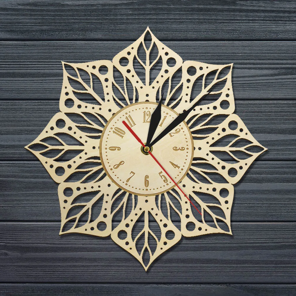 

Деревянные настенные часы, 3d-часы с рисунком мандалы, цветов, резьбы по дереву, Современные художественные украшения для йоги, 12 дюймов