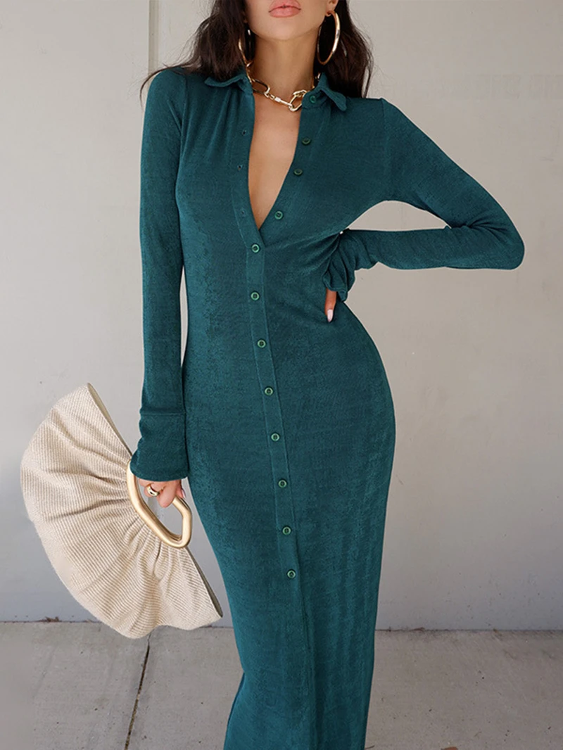 

Elegant Ankle Length Dress for Women Spring Chic Clothing Button Knitted Long Sleeve Dresses Solid Casual Cardigan Dress Vestido