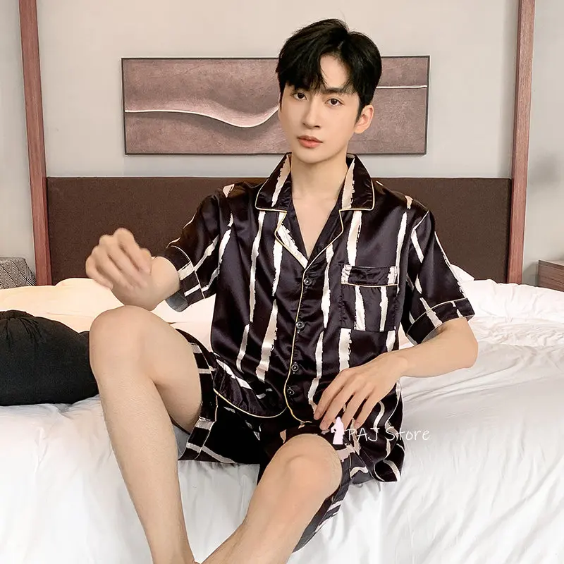 Men Pajama Sets Silk Satin Pijama Turn-down Collar Sleepwear Short Sleeve Spring Nightwear 2 Pieces Sets Homewear L-5XL