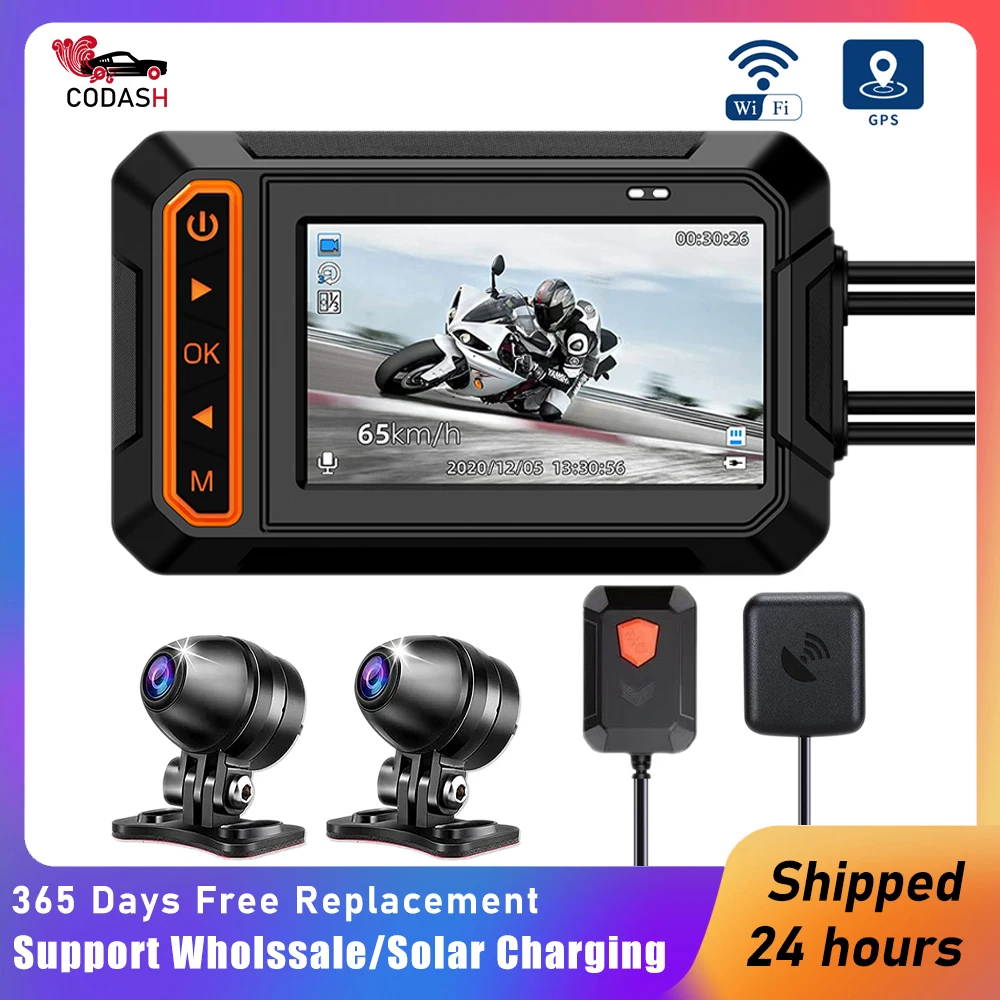 

CODASH Dash Camera Motorcycle Recorder Front/Rear Cameras 1080P HD Dashcamera WIFI Waterproof DVR Dash Cam Black GPS Box For Car