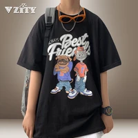 cat and dog anime print short sleeved t shirt mens summer loose oversized trendy brand plus handsome half sleeved t shirt