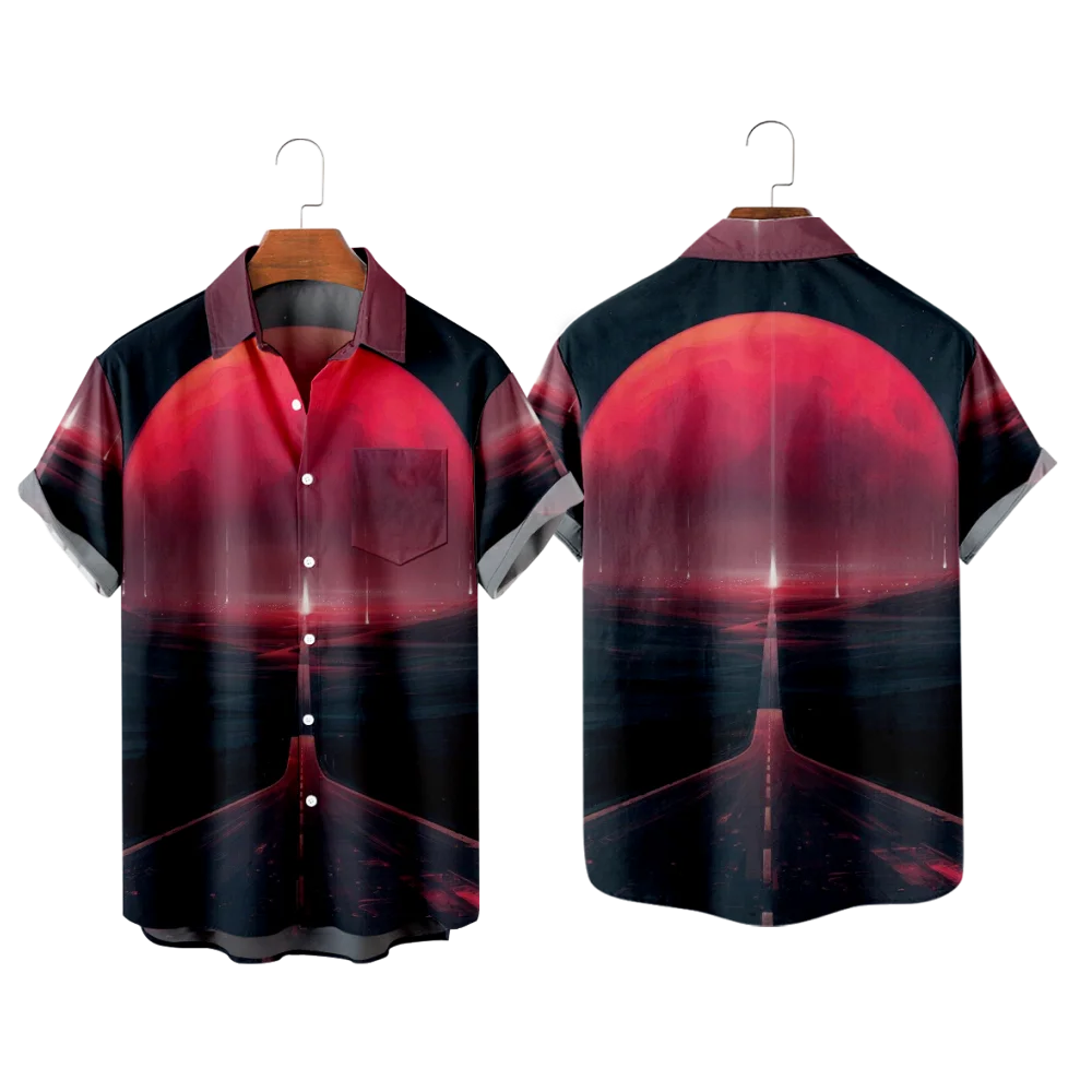 

Red sky print shirt, stylish casual retro beach style, Hawaiian shirt