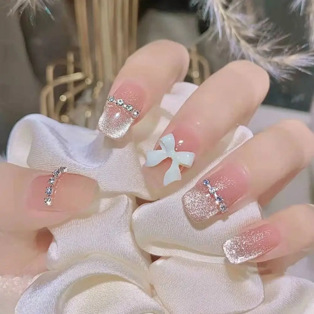 

Manicure Detachable DIY Full Cover French Cat Eye Fake Nails Medium-length Ellipse Wearable