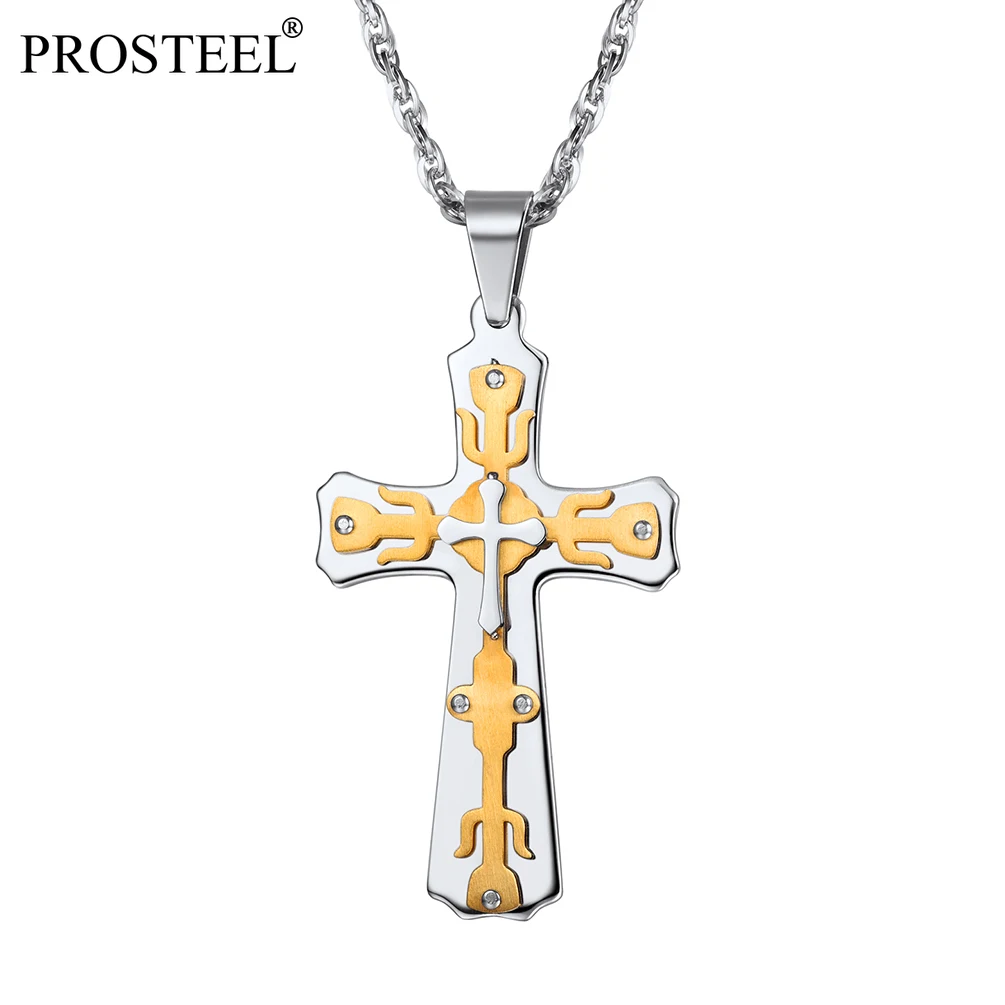 

PROSTEEL Cross Christian Pendant Boys Mens Stainless Steel Vintage Religious Chain Necklace 18K Gold/Black Plated PSP3224