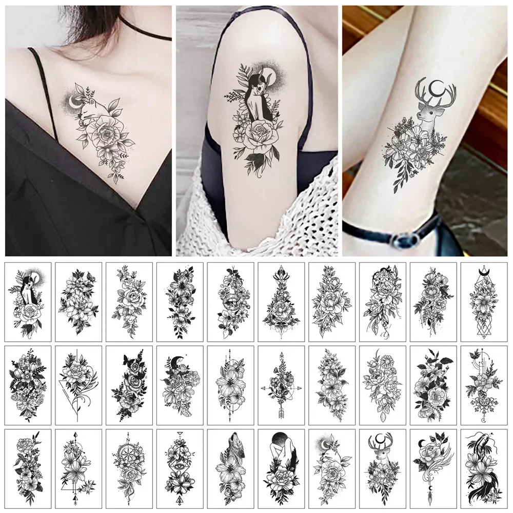 

NEW2023 Temporary Tattoo Sticker Women Waterproof Black Rose Fake Tattoo Body Hands Arm Leg Flowers Tatouage Temporaire Femme