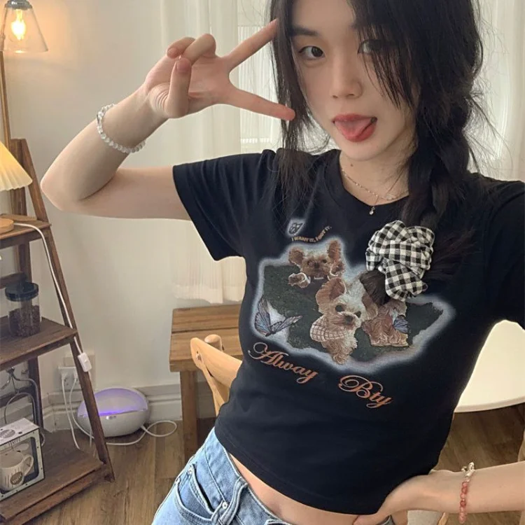 

American Chic O-neck Dog Print Tee Shirt Summer E-Girl Sexy Crop Top Black T-shirt Y2k Kpop Slim Fit Short Sleeve Tops Women