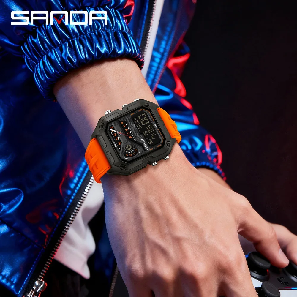 Фото Мужские электронные часы SANDA 6278: многофункциональные, квадратные, модные, водонепроницаемые, спортивные, для активного отдыха, с будильником №5