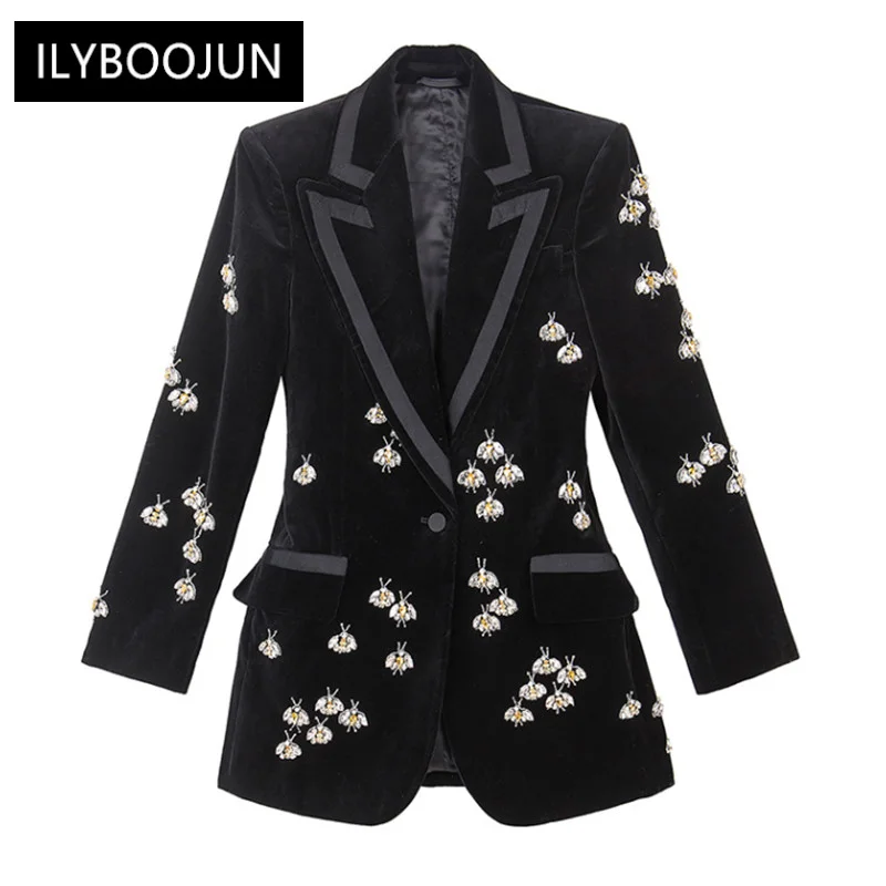 

Luxury Designer Runway Elegant Winter Coats Women's Long Sleeve Crystal Bee Double Buckle Pocket Black Velvet Jackets Suit 3xl