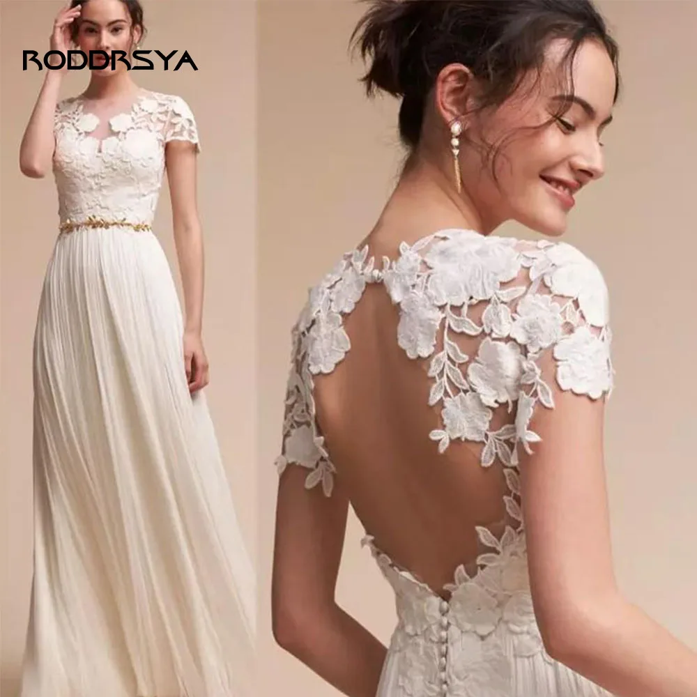 

RODDRSYA O-Neck Illusion Backless Wedding Dresses Lace Appliques Bride Party Sleeveless A-line Tulle Bridal Gown Robe De Mariée