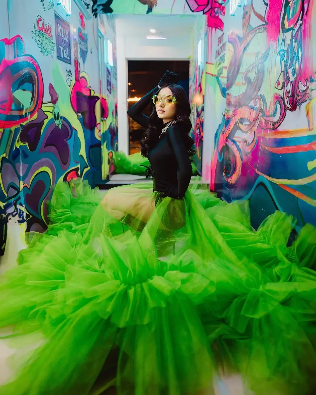 Готическая неоново-Зеленая прозрачная Тюлевая Макси-юбка длинные многоярусные