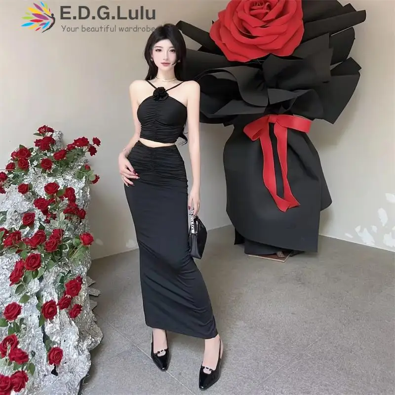 

Сексуальные женские комплекты из 2 предметов EDGLuLu, женская одежда с лямкой на шее, топы без рукавов и Облегающие юбки с высокой талией, женски...