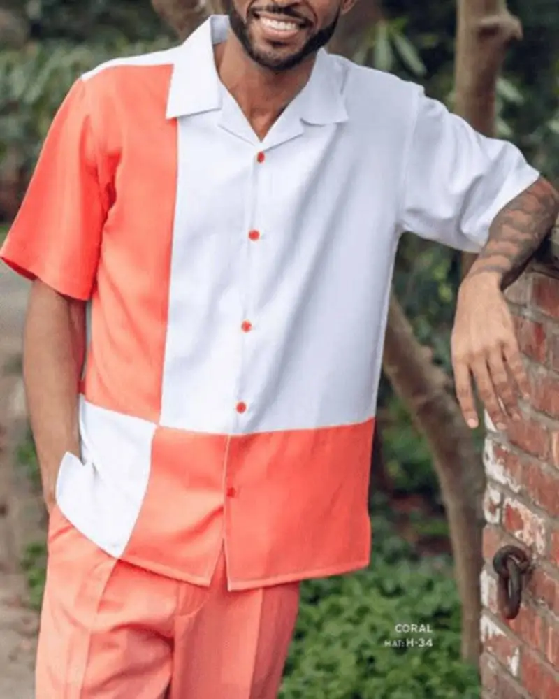 2023 men's short-sleeved shirt+suit pants two-piece street outdoor casual printing V-neck single-breasted shirt walking suit 4XL