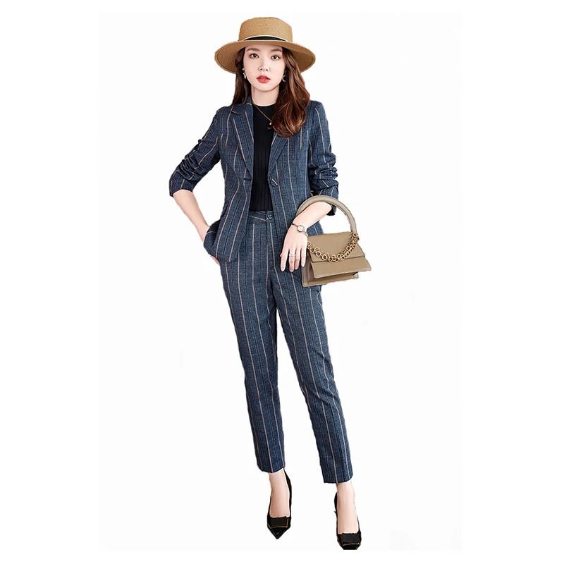 S-4XL Women's High-end Suit Office Business Two-piece 2022 New Spring Autumn Fashion Slim Fit Striped Ladies Jacket Casual Pants
