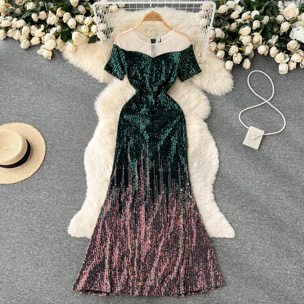 

2022 Vintage Sequins Evening Women Dress Short Sleeve Waist Slim Fishtail Dress Female Gradient Color Unique Mesh Long Dresses