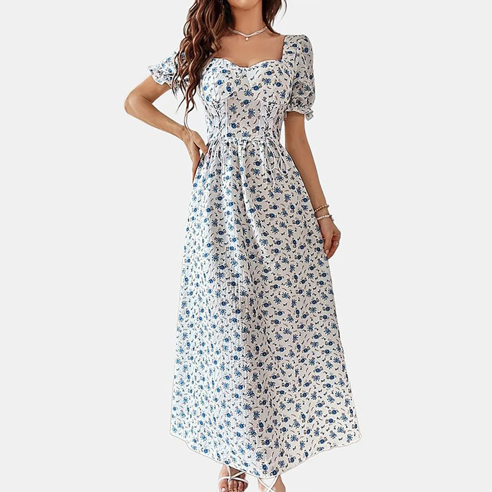 

Женское платье-макси с квадратным вырезом, длинным рукавом-фонариком