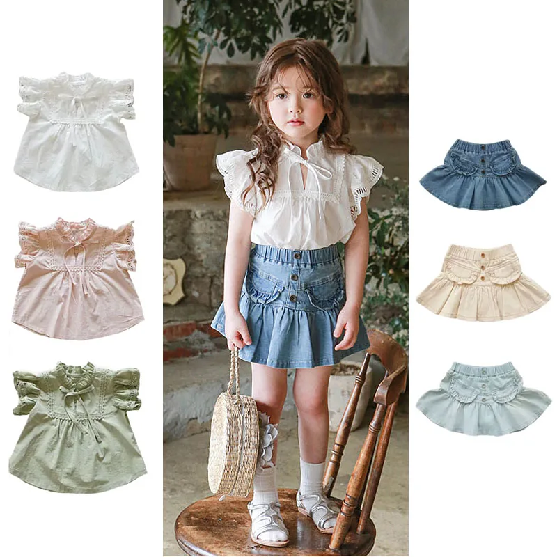 

Summer 2022 Girls Thin Cotton Embroidered Lace Shirt T-Shirt High Waist Elasticated Pleated Denim Culottes Kids