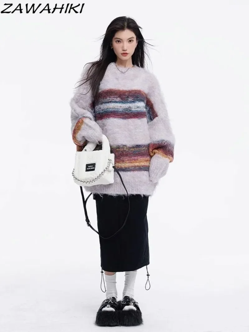 

2023 Fall Winter New Arrive Chic Designed Striped Contrast Color Soft Sweater Women Loose Casual Korean Fashion Streetwear