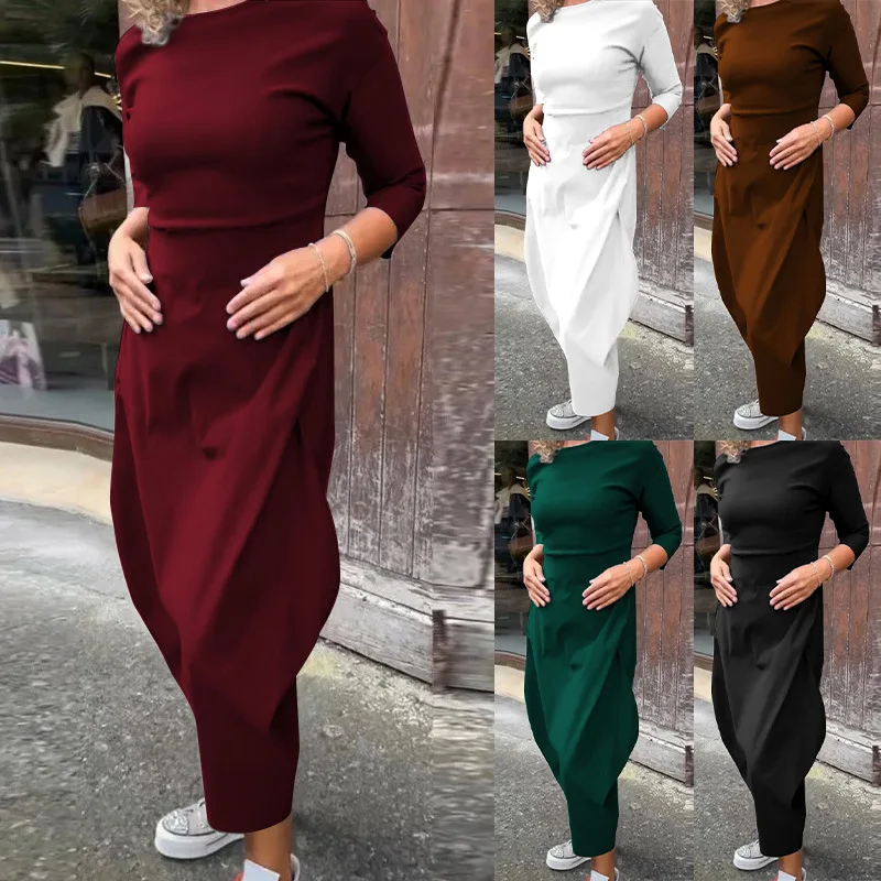 Fashion Solid Color Long Dress For Women 2025 New Spring Elegant O Neck Slim Dresses Autumn Sleeve Robe Femme