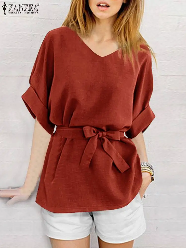 

Женские летние топы большого размера с коротким рукавом, футболки, повседневная блузка 2022 ZANZEA, однотонная уличная одежда на шнуровке, рубаш...