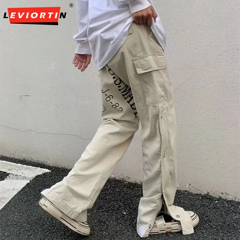 

2022 Hip Hop Men Loose Cargo Pants Multiple Pockets Apricot Drawstring Casual Male Side Button Joggers Trousers Pantalones Y2K