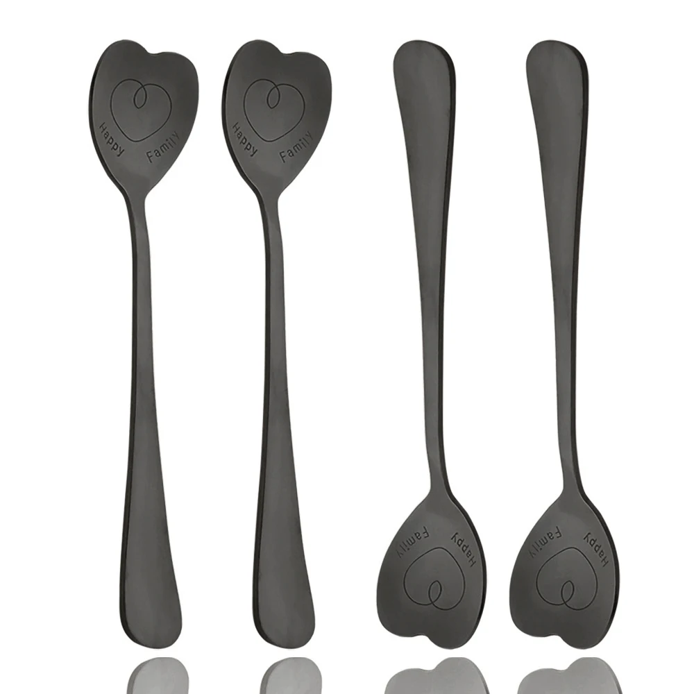 4Pc Love Shape Long Handle Stirring Spoon Black Ice Cream Spoon Set Mirror Stainless Steel Creative Dessert Spoon Dinnerware Set