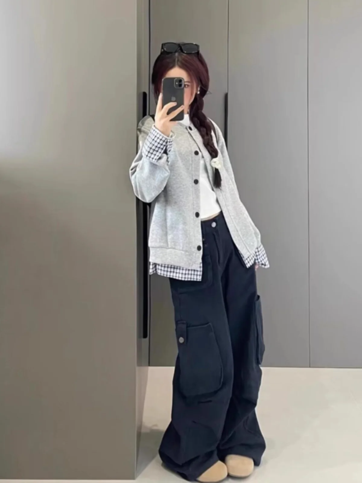 Осень и зима Серый искусственный кардиган из двух предметов с капюшоном Верхняя