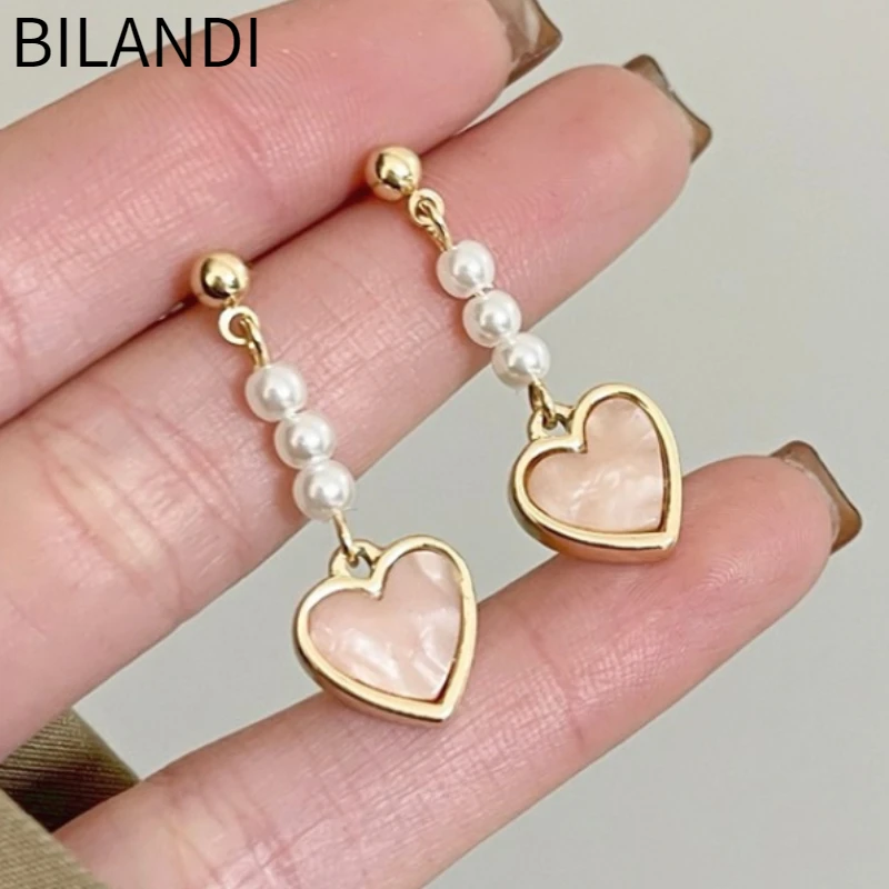 

Bilandi Trendy Jewlery Heart Earrings 925 Silver Needle Sweet Korean Temperrament Simulated Pearl Drop Earrings For Womemn Girl