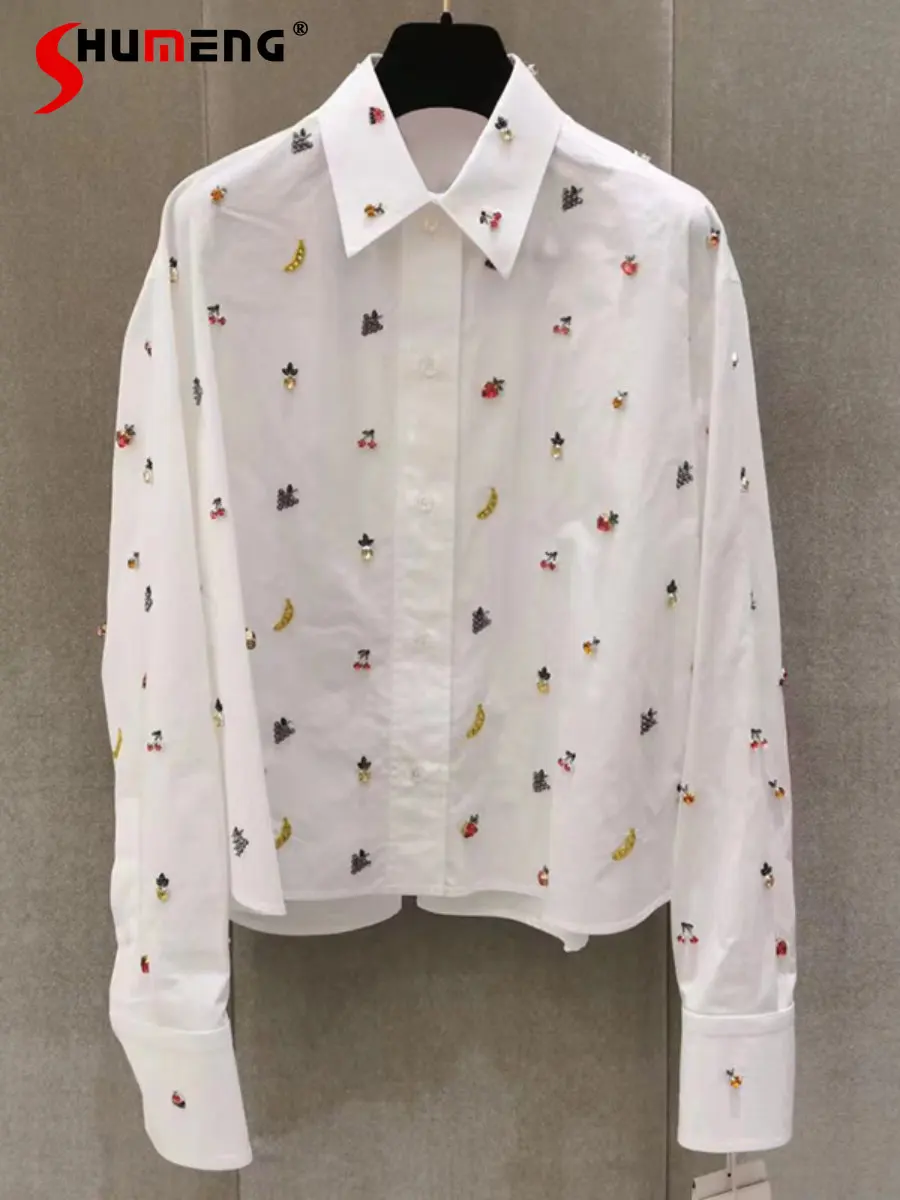 

2023 Spring New Fashion Trendy Polo Collar Rhinestone Printed Blouses Women's Elegant Chic Simple Loose Long-Sleeved Shirt Top