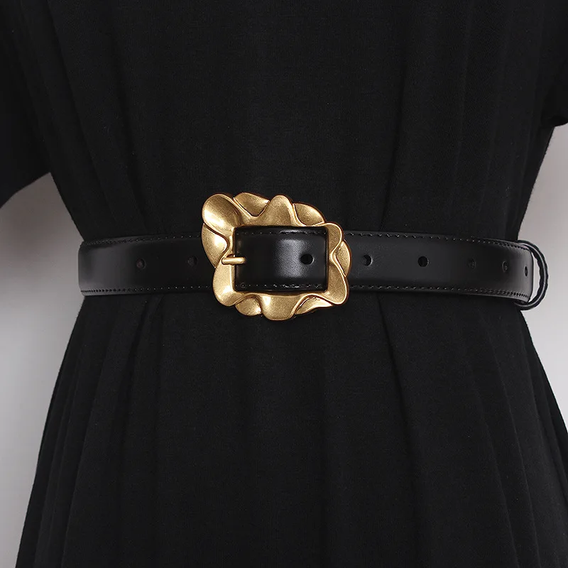 Online Celebrity Female Art Sculpture Aesthetics Cowhide Belt Small Number Irregular Gold Plated French Leather Belt