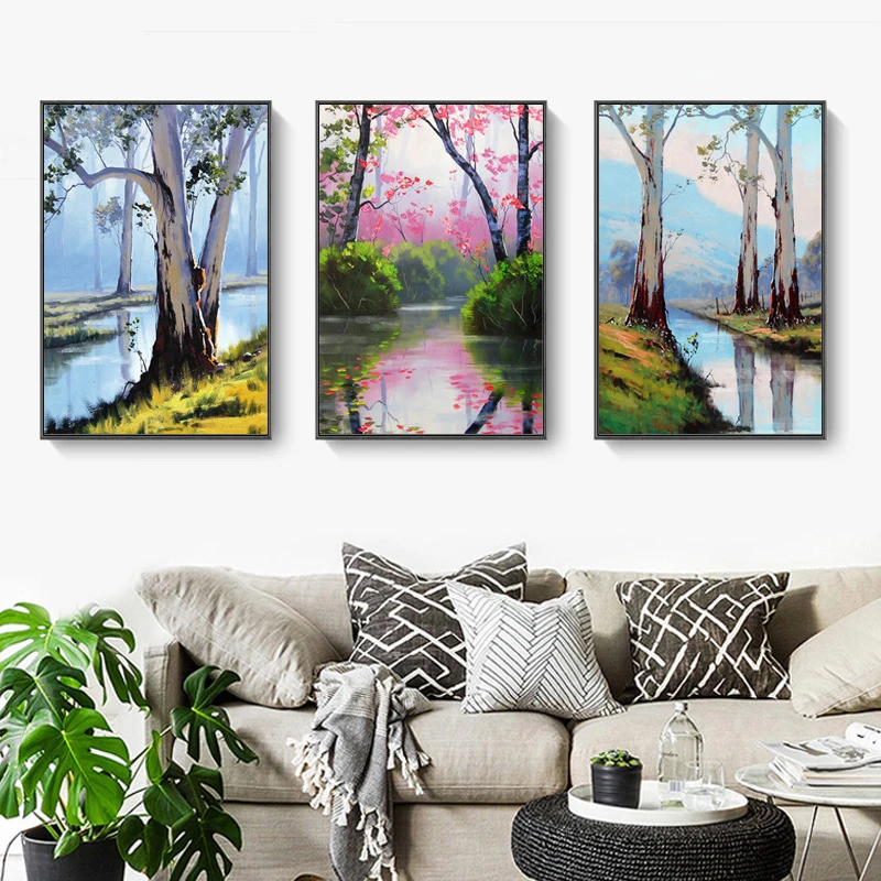 

Green Forest Red Flowers Fallen Leaves Canvas Painting Forest Road Creek Landscape Posters and Prints Living Room Home Decor