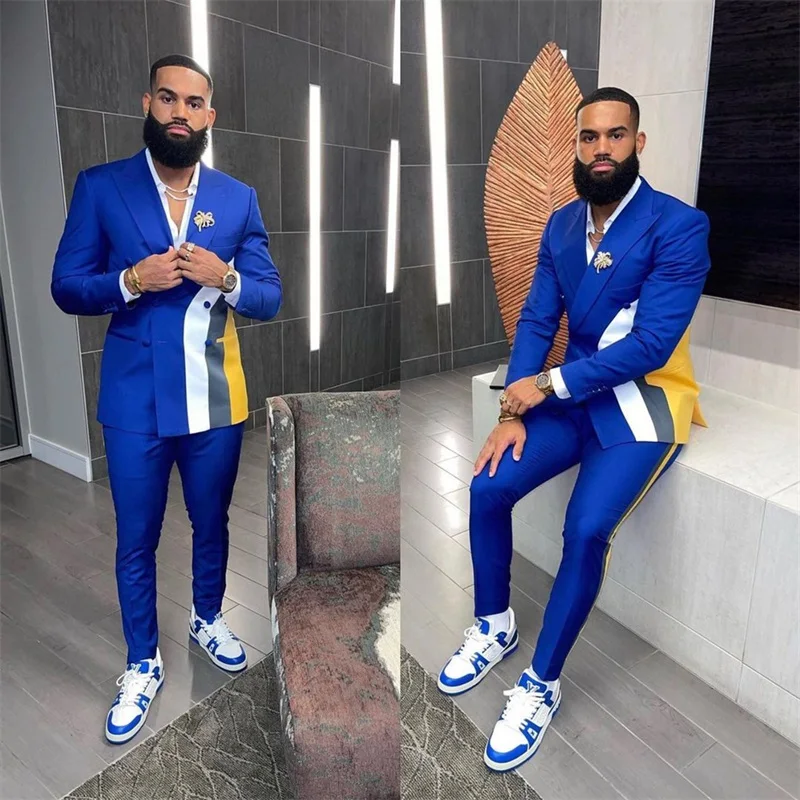 2 Pcs Royal Blue Men Suits Set Blazer+Pants Stitching Color Formal Wedding Tuxedos Office Jacket Outfit Prom Coat Tailor Made