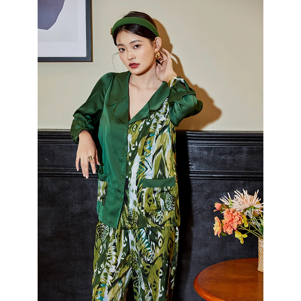 Maison Gabrielle 2022 Spring Summer Vintage Chinoiserie Printed Pajamas Set Loungewear Sleepwear for Women 2 Pieces Long Sleeve