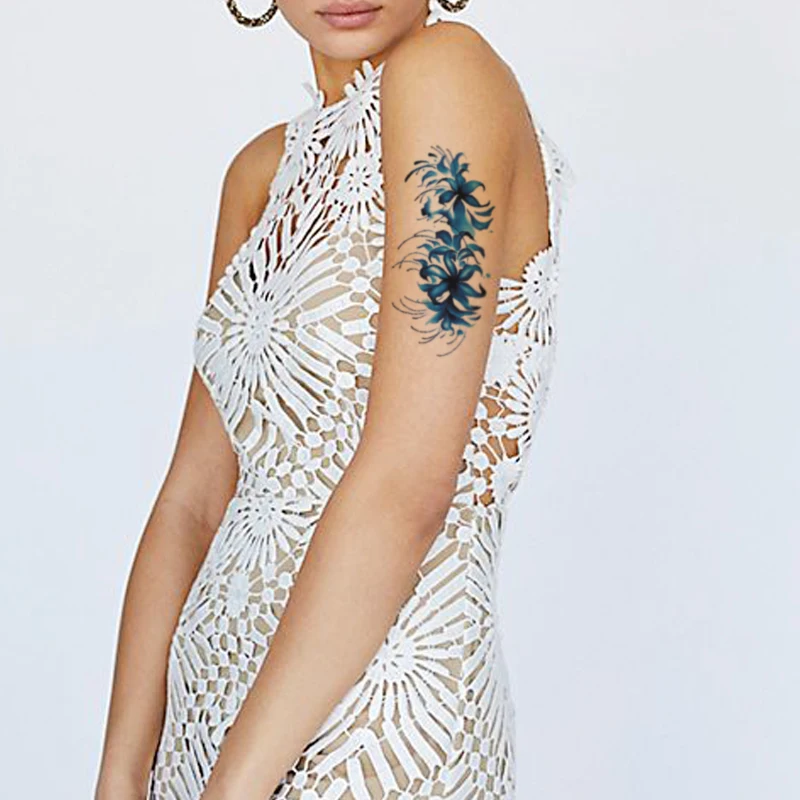 

Temporary Tattoo Stickers Blue Ink Mandala Flower Pattern Design Fake Tattoos Waterproof Tatoos Arm Large Size for Women Girl