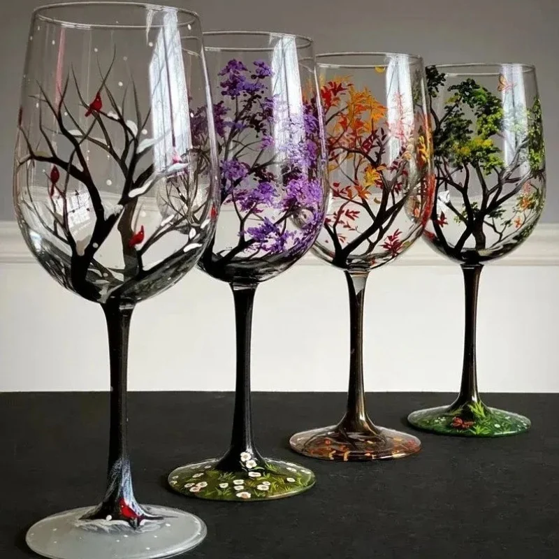 

Four Seasons Cup Four Season Tree Wine Glasses Goblet Printed High Legged Glass Cup Insulation Maple Leaf Butterfly Juice Cups