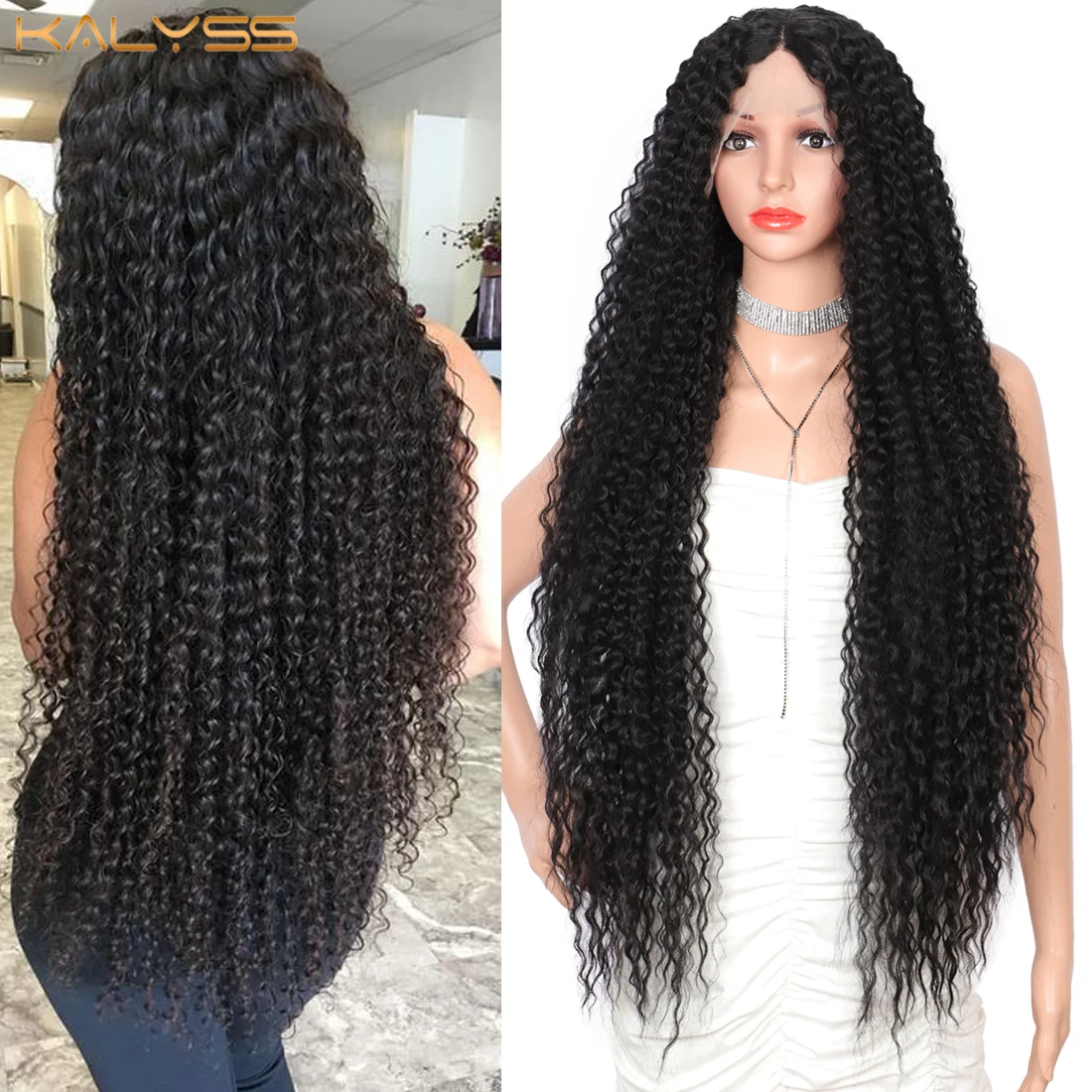 Kalyss Super Long Curly Lace Front Wigs For Women 38 Inches Long Losse Curly Wigs Natural Looking Synthetic Wig