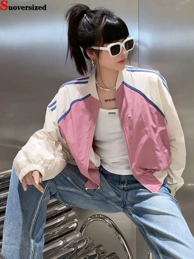 

Streetwear Women Fashion Bomber Chaquetas Casual New Jaquetas Korean Trend Pink Casacos Spliced Loose Short Baseball Jackets