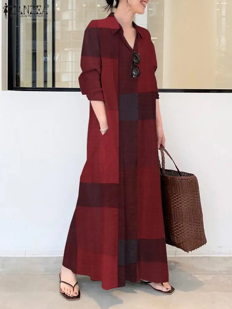 

ZANZEA Spring Shirt Dress Women Casual Long Sleeve Check Dresses 2023 Autumn Sundress Lapel Maxi Vestidos Holiday Robe Femme