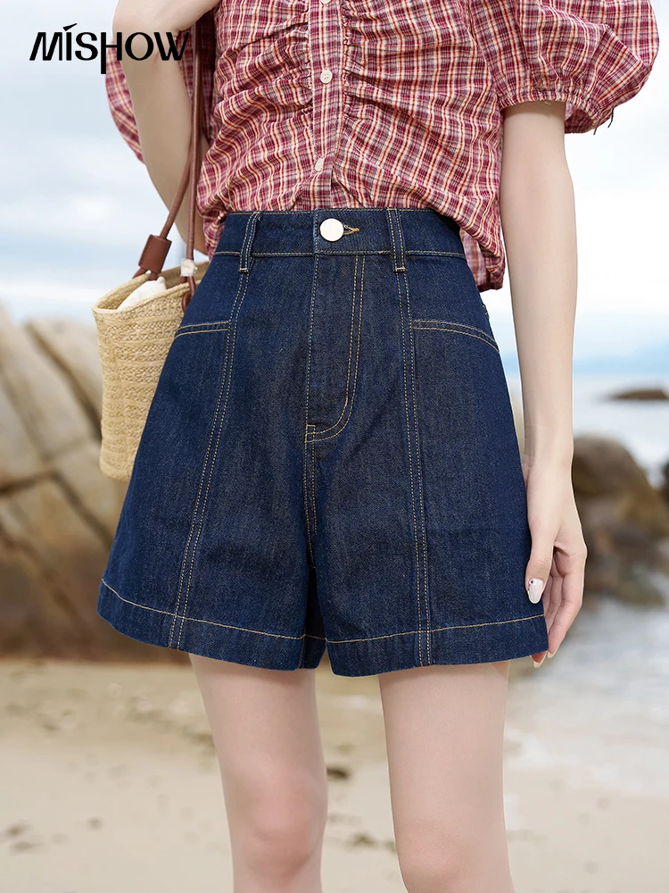 MISHOW 100Denim Cotton Shorts for Women 2023 Summer High Waist A-line Pocket Wide Leg Loose Female Casual Short Pants MXC38K0431