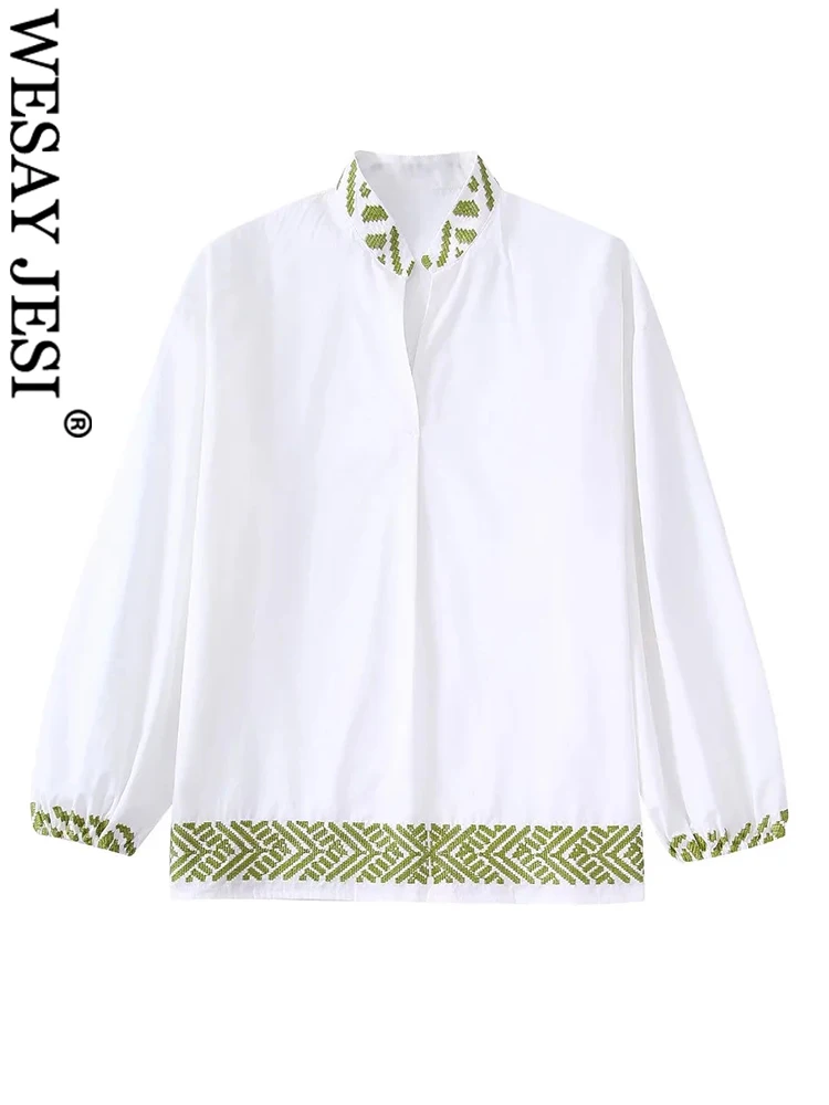 

WESAY JESI Vintage Women Blouse Solid White Pullover Embroidered Trim Long Sleeve Commuter Casual Chic Fashion Straight Clothes